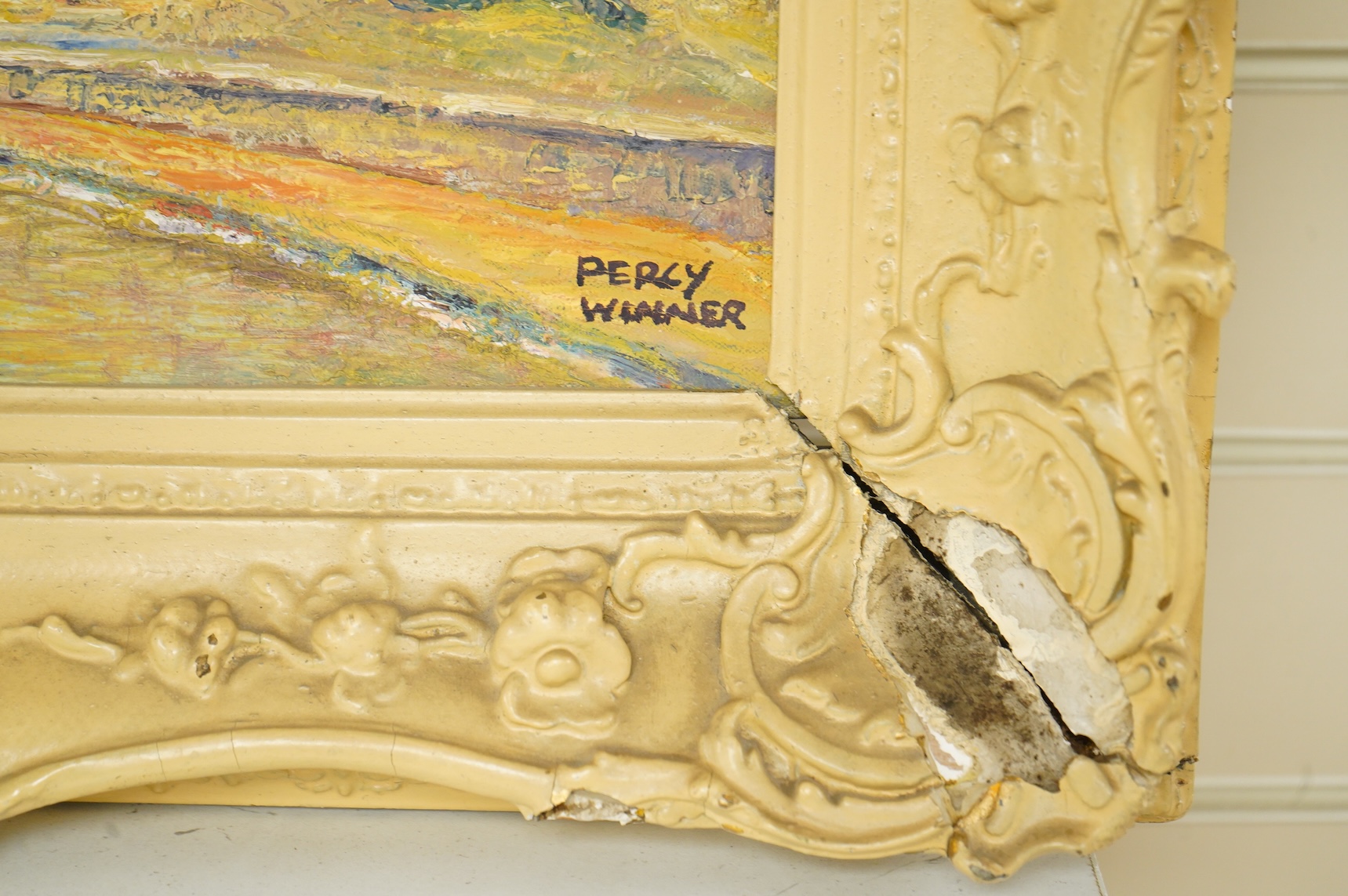 Percy Winner, Two figures before a church, signed, Impressionist oil on canvas, 29 x 39cm